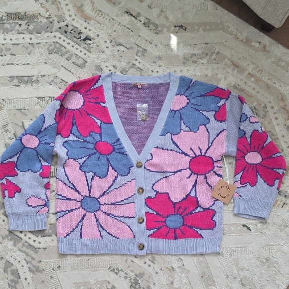 Floral Knit Cardigan Sweater - Pink and Blue - Picture 1 of 2